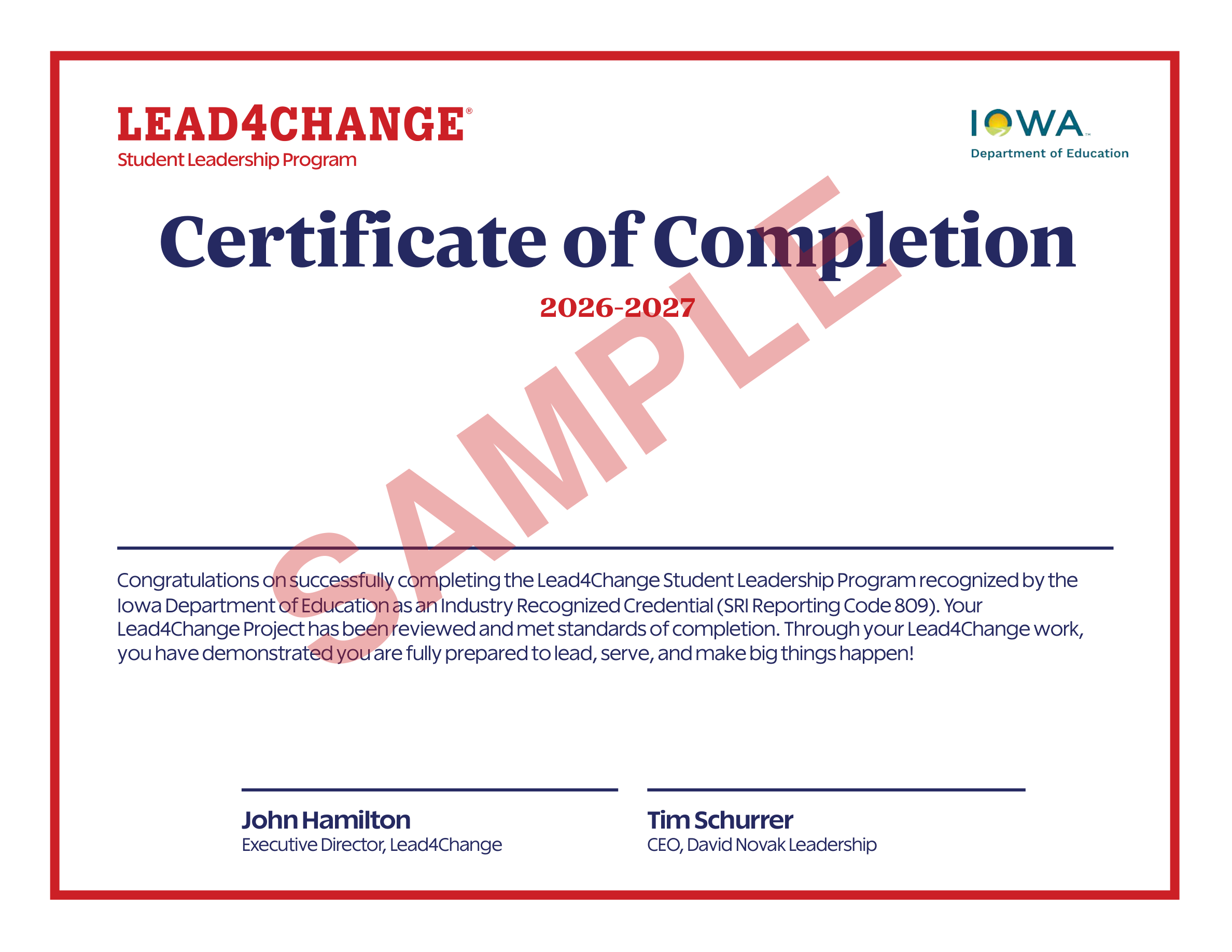 Sample Iowa Lead4Change certificate of completion