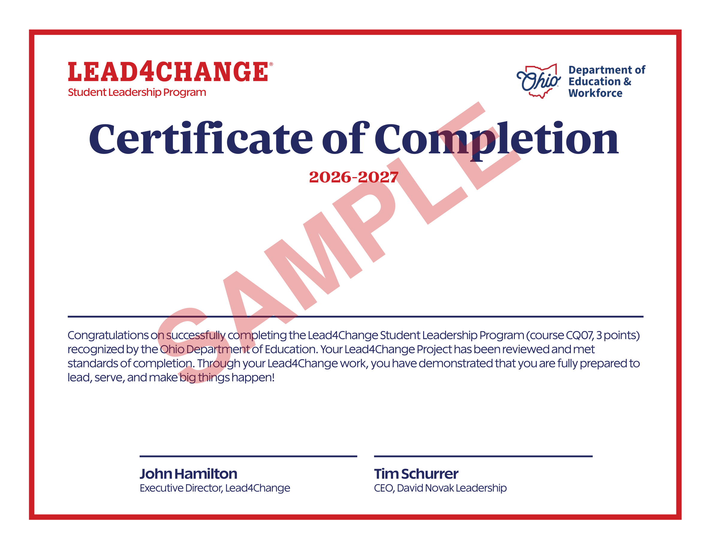 Sample Ohio Lead4Change certificate of completion